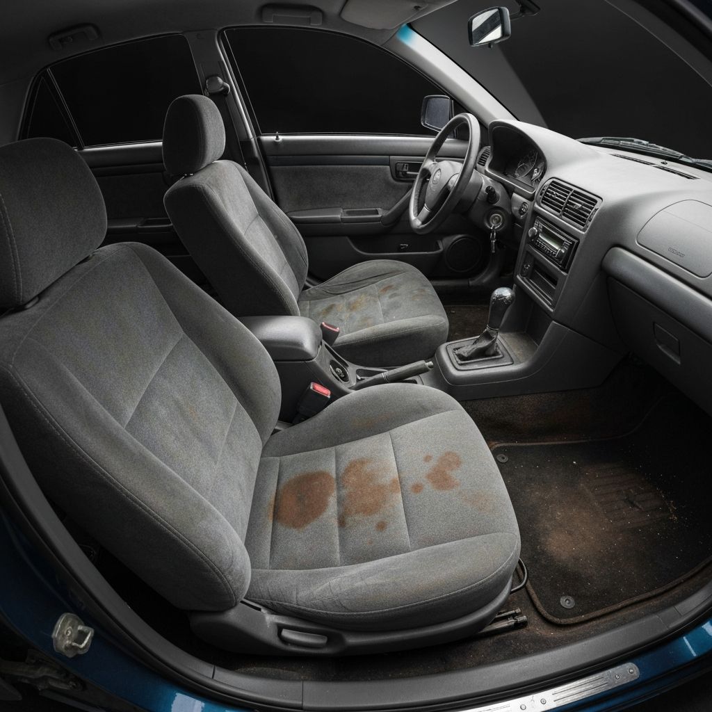 Car interior with stains before treatment