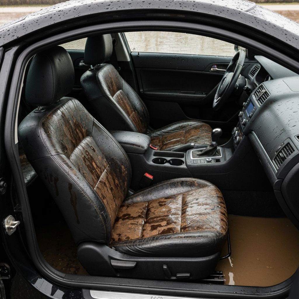 Car interior with severe flood damage and standing water before treatment